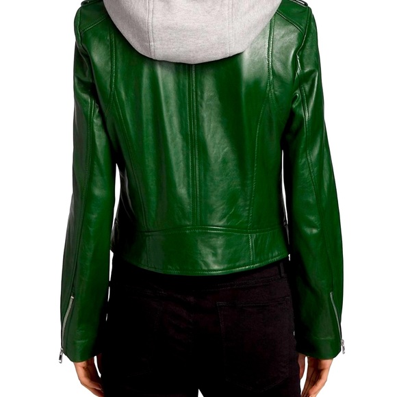 - NWT LAMARQUE Holy Hooded Lambskin Leather Biker Jacket. Bottle Green SZ SMALL - Picture 4 of 16